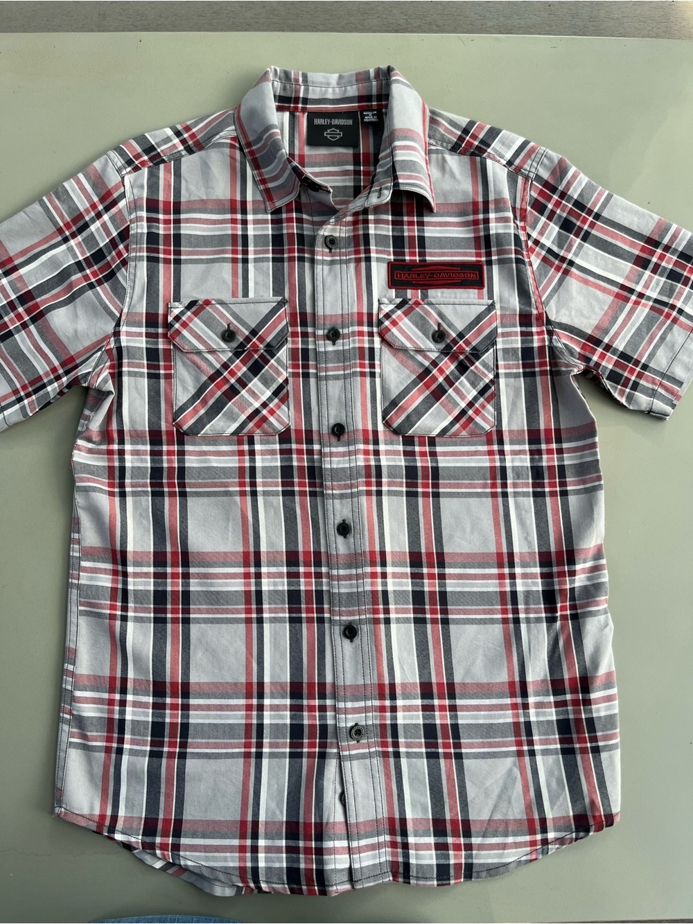 Harley-Davidson Mens Plaid Short Sleeve Button Up Shirt Grey Red Medium Skater